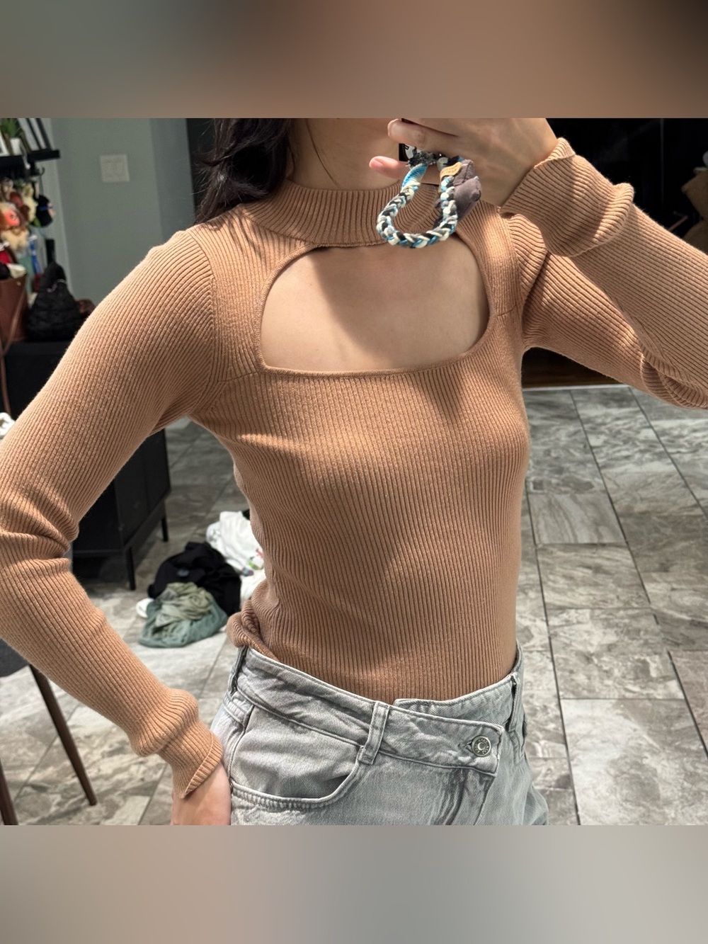 Lulu's Camel Ribbed Cutout Long-Sleeve Top